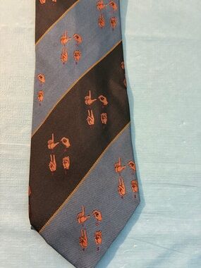 MOSCHINO SILK  Blue and Black/Navy Tie with Orange Sign Language Motif Italy